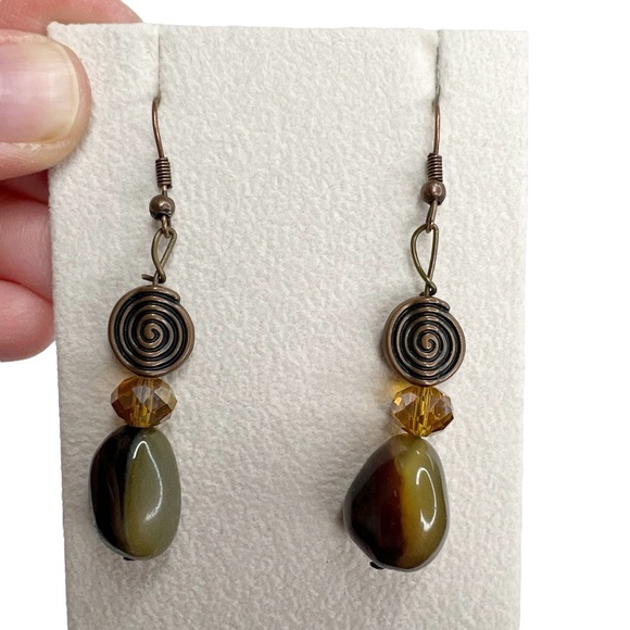 Natural Stone & Antiqued Brass Swirl Amber Faceted Bead Dangle Pierced Earrings - Picture 4 of 8